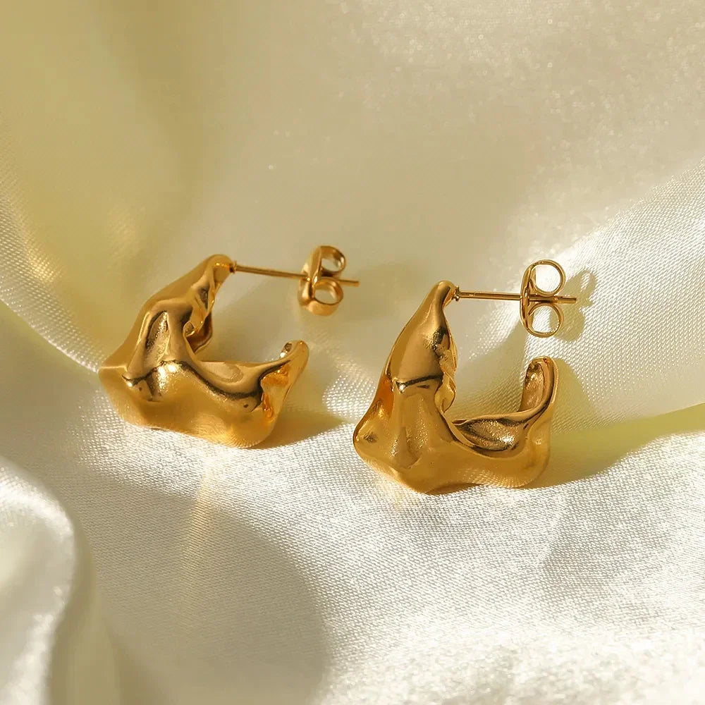 eManco 18K Gold-plated Fashion Stainless Steel Exaggerated Shaped Irregular Lava Fold Texture D-Shaped Earrings Women's Jewelry