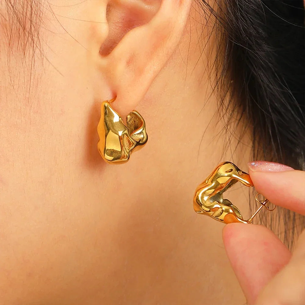 eManco 18K Gold-plated Fashion Stainless Steel Exaggerated Shaped Irregular Lava Fold Texture D-Shaped Earrings Women's Jewelry