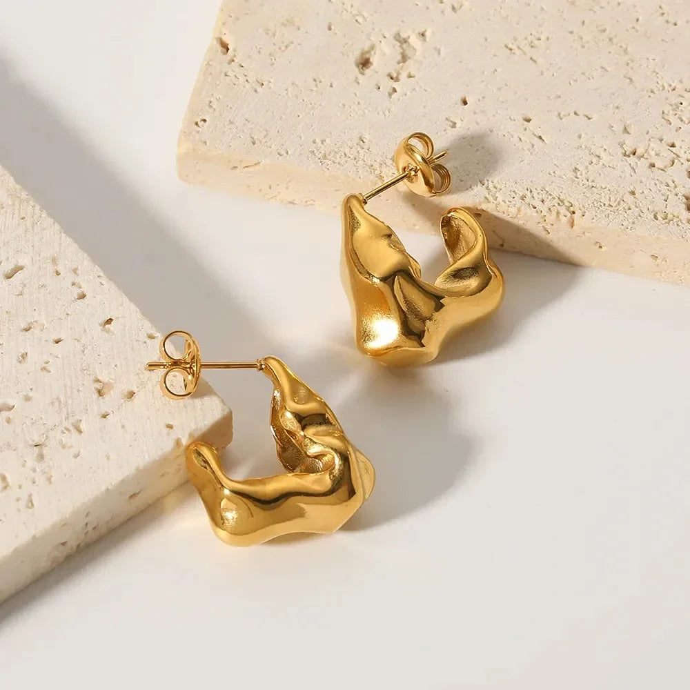eManco 18K Gold-plated Fashion Stainless Steel Exaggerated Shaped Irregular Lava Fold Texture D-Shaped Earrings Women's Jewelry