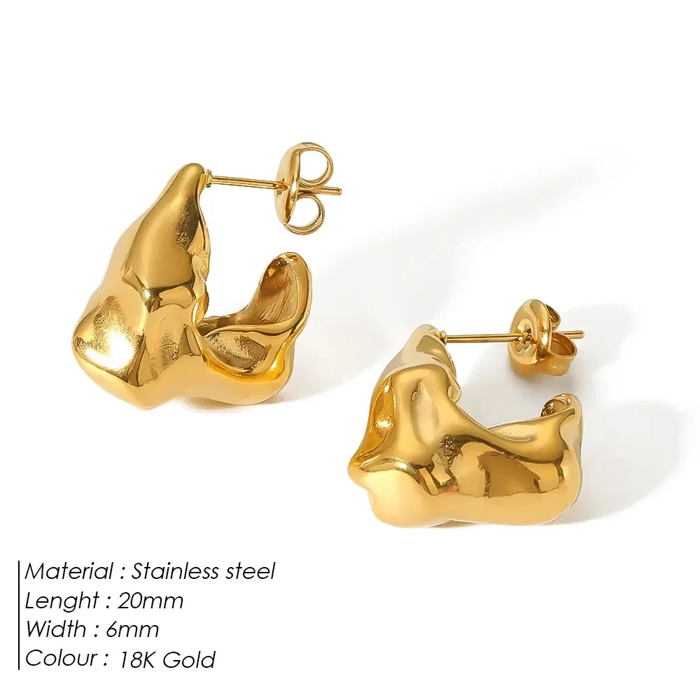 eManco 18K Gold-plated Fashion Stainless Steel Exaggerated Shaped Irregular Lava Fold Texture D-Shaped Earrings Women's Jewelry