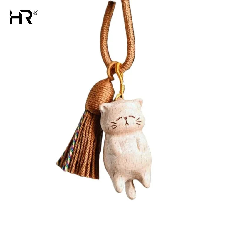 Retro Wooden Cat Keychain Hand Carved Cute Kitty Bag Pendant Decor Car Keyring For Women Couple Fashion Jewelry Accessories Gift