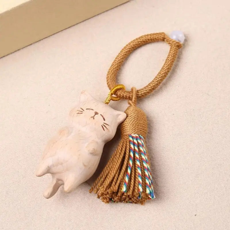 Retro Wooden Cat Keychain Hand Carved Cute Kitty Bag Pendant Decor Car Keyring For Women Couple Fashion Jewelry Accessories Gift