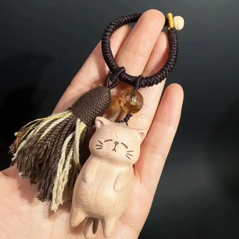 Retro Wooden Cat Keychain Hand Carved Cute Kitty Bag Pendant Decor Car Keyring For Women Couple Fashion Jewelry Accessories Gift